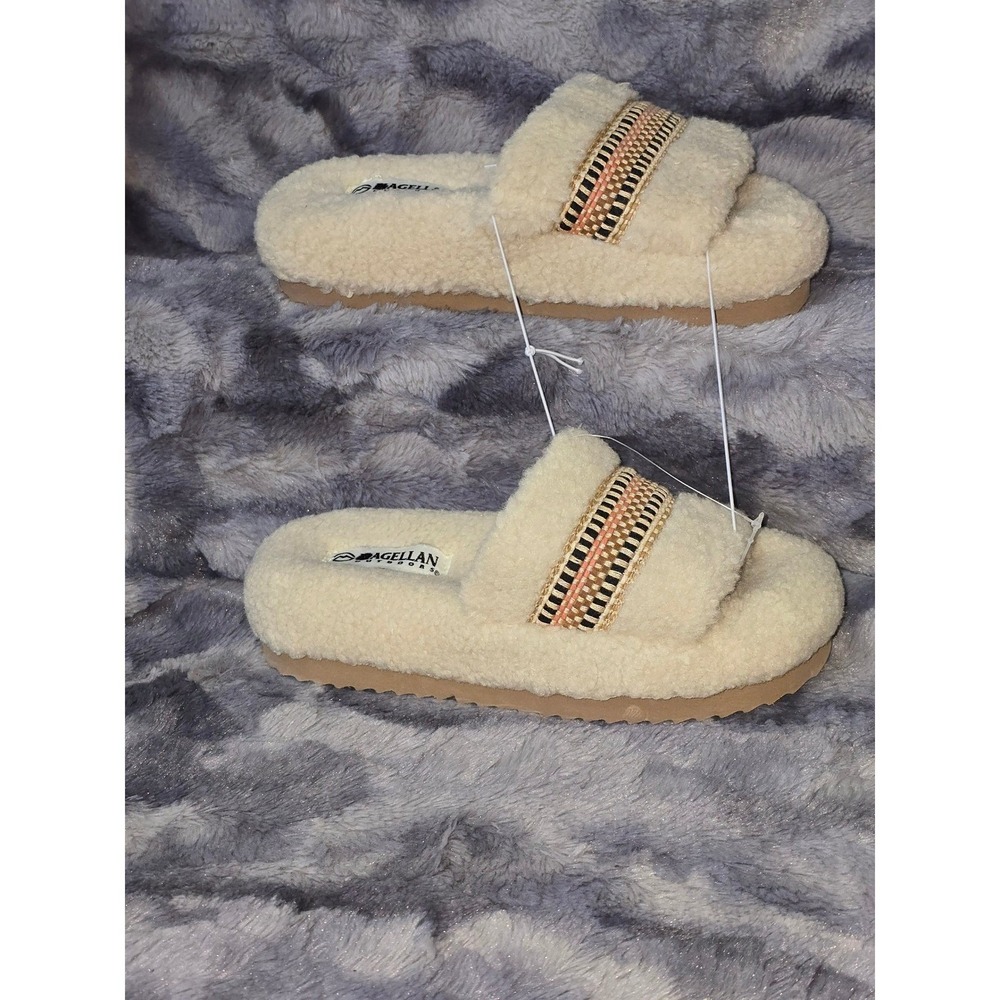 NWOT Magellan Outdoors Womens One Band Cream Faux‎ Sherpa Slide Slippers Size 7